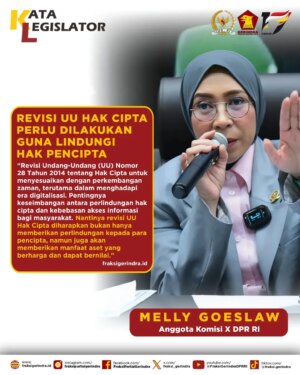 Melly Goeslaw Instagram - Anggota Komisi X DPR RI, Melly Goeslaw, menyoroti urgensi revisi Undang-Undang (UU) Nomor 28 Tahun 2014 tentang Hak Cipta guna menyesuaikan dengan perkembangan zaman, terutama dalam menghadapi era digitalisasi. Ia menekankan pentingnya keseimbangan antara perlindungan hak cipta dan kebebasan akses informasi bagi masyarakat.

“Nantinya revisi UU Hak Cipta diharapkan bukan hanya memberikan perlindungan kepada para pencipta, namun juga akan memberikan manfaat aset yang berharga dan dapat bernilai,” ungkap Melly dalam acara Dialektika Demokrasi bertema ‘Revisi UU Hak Cipta Demi Lindungi Hak Pencipta’, yang digelar di Gedung DPR RI, Senayan, Jakarta, Selasa (4/3/2025).

Melly menilai, pembaruan UU Hak Cipta harus mempertimbangkan harmonisasi dengan standar internasional dan praktik terbaik global dalam perlindungan hak cipta. Ia juga menekankan pentingnya mencegah potensi pelanggaran di era digital yang semakin berkembang pesat.

Dalam revisi UU Hak Cipta yang telah masuk dalam Program Legislasi Nasional (Prolegnas) Prioritas 2025, Melly menegaskan perlunya Lembaga Manajemen Kolektif (LMK) yang lebih profesional dalam mengelola hak-hak pencipta.

Terkait perkembangan teknologi yang begitu pesat di industri musik—salah satu sektor yang diatur dalam UU Hak Cipta—Melly melihat perlunya pertimbangan hukum lebih lanjut dalam menghadapi tantangan di bidang ini. Ia menyoroti bagaimana negara lain berhasil memanfaatkan industri kreatif mereka untuk kepentingan nasional.

“Contohnya Korea Selatan mereka mampu melakukan brain wash (cuci otak) para penggemar K-pop dan drama koreanya, namun kenapa kita yang mempunyai beragam-ragam suku dan budaya tidak mampu melakukan itu,” imbuhnya.

Revisi UU Hak Cipta diharapkan dapat memberikan perlindungan yang lebih baik bagi para pencipta sekaligus mendorong ekosistem industri kreatif yang lebih berkembang di Indonesia.