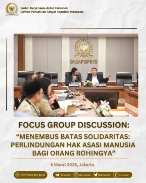 Melly Goeslaw Instagram - Badan Kerja Sama Antar Parlemen (BKSAP) DPR RI bekerja sama dengan Amnesty International Indonesia @amnestyindonesia menyelenggarakan Focus Group Discussion bertajuk Menembus Batas Solidaritas: Perlindungan Hak Asasi Manusia bagi Orang Rohingnya” di Gedung DPR RI, Jakarta (5/3/25).

Kegiatan menghadirkan para pemantik diskusi: Ketua SUAKA, Atika Yuanita Paraswaty, Peneliti Badan Riset dan Inovasi Nasional (BRIN) RI, Prof. Dr. Tri Nuke Pudjiastuti dan Ketua BKSAP, Deputy Director Amnesty International Indonesia, Wirya Adiwena dan Dr. Mardani Ali Sera, M.Eng @mardanialisera .

Forum diskusi dibuka oleh Ketua BKSAP dan menyerap masukan dari berbagai pemangku kepentingan guna merumuskan solusi bersama untuk solidaritas dan perlindungan optimal bagi orang Rohingnya.

Hadir dalam kegiatan FGD, Anggota BKSAP Melly Goeslaw @melly_goeslaw (F-PGerindra), Verrell Bramasta @bramastavrl (F-PAN) dan Eva Monalisa, S.Ikom @evamonalisa.eva (F-PKB) serta Anggota Komisi XIII, H. Muslim Ayub, S.H., M.H @muslimayub.official 

#diplomasiparlemen 
#bksapdprri
