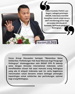 Melly Goeslaw Instagram - Badan Kerja Sama Antar Parlemen (BKSAP) DPR RI bekerja sama dengan Amnesty International Indonesia @amnestyindonesia menyelenggarakan Focus Group Discussion bertajuk Menembus Batas Solidaritas: Perlindungan Hak Asasi Manusia bagi Orang Rohingnya” di Gedung DPR RI, Jakarta (5/3/25).

Kegiatan menghadirkan para pemantik diskusi: Ketua SUAKA, Atika Yuanita Paraswaty, Peneliti Badan Riset dan Inovasi Nasional (BRIN) RI, Prof. Dr. Tri Nuke Pudjiastuti dan Ketua BKSAP, Deputy Director Amnesty International Indonesia, Wirya Adiwena dan Dr. Mardani Ali Sera, M.Eng @mardanialisera .

Forum diskusi dibuka oleh Ketua BKSAP dan menyerap masukan dari berbagai pemangku kepentingan guna merumuskan solusi bersama untuk solidaritas dan perlindungan optimal bagi orang Rohingnya.

Hadir dalam kegiatan FGD, Anggota BKSAP Melly Goeslaw @melly_goeslaw (F-PGerindra), Verrell Bramasta @bramastavrl (F-PAN) dan Eva Monalisa, S.Ikom @evamonalisa.eva (F-PKB) serta Anggota Komisi XIII, H. Muslim Ayub, S.H., M.H @muslimayub.official 

#diplomasiparlemen 
#bksapdprri
