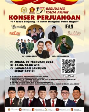 Melly Goeslaw Instagram - 🎉 17 Tahun Berjuang, 17 Tahun Mengabdi untuk Negeri! 🇮🇩✨
Yuk, meriahkan Konser Perjuangan bersama Vierratale, Kangen Band, Ifan Seventeen, dan King Nassar!

📅 Jumat, 7 Februari 2025
⏰ Pukul 18.00-23.00 WIB
📍 Lapangan Jantung Sehat DPR RI

💡 Jangan lupa scan barcode untuk registrasi tiket masuk dan redeem tiket pada 5 Februari 2025 di Kantin Demokrasi MPR/DPR RI.

❗ Gelang barcode wajib dipakai, ya, untuk masuk ke area acara!

📢 Ketentuan Registrasi Pesta Rakyat HUT Gerindra ke-17 📢

Untuk memastikan kelancaran acara, harap perhatikan ketentuan berikut terkait link registrasi dan tiket:

1️⃣ Barcode hanya berlaku untuk 1 orang
Pastikan hanya satu orang yang menggunakan setiap barcode yang didapatkan.

2️⃣ Redeem tiket
Tiket dapat diambil pada 5 Februari 2025 di Kantin Demokrasi MPR/DPR RI, Lantai 2, mulai pukul 09.00 WIB hingga selesai.

3️⃣ Gelang barcode tidak dapat dipindahtangankan
Gelang barcode yang sudah diberikan hanya berlaku untuk yang terdaftar dan tidak bisa dipindahkan kepada orang lain.

4️⃣ Tanpa gelang barcode, tidak dapat masuk
Pastikan Anda memiliki gelang barcode pada saat acara, karena tanpa gelang, Anda tidak akan diizinkan masuk ke dalam area acara.

Jangan lewatkan keseruan Pesta Rakyat! Pastikan registrasi dan redeem tiket Anda sesuai dengan ketentuan di atas. Terima kasih!

Ayo ajak keluarga dan teman-temanmu untuk menikmati malam penuh musik dan kebersamaan!