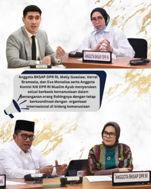 Melly Goeslaw Instagram - Badan Kerja Sama Antar Parlemen (BKSAP) DPR RI bekerja sama dengan Amnesty International Indonesia @amnestyindonesia menyelenggarakan Focus Group Discussion bertajuk Menembus Batas Solidaritas: Perlindungan Hak Asasi Manusia bagi Orang Rohingnya” di Gedung DPR RI, Jakarta (5/3/25).

Kegiatan menghadirkan para pemantik diskusi: Ketua SUAKA, Atika Yuanita Paraswaty, Peneliti Badan Riset dan Inovasi Nasional (BRIN) RI, Prof. Dr. Tri Nuke Pudjiastuti dan Ketua BKSAP, Deputy Director Amnesty International Indonesia, Wirya Adiwena dan Dr. Mardani Ali Sera, M.Eng @mardanialisera .

Forum diskusi dibuka oleh Ketua BKSAP dan menyerap masukan dari berbagai pemangku kepentingan guna merumuskan solusi bersama untuk solidaritas dan perlindungan optimal bagi orang Rohingnya.

Hadir dalam kegiatan FGD, Anggota BKSAP Melly Goeslaw @melly_goeslaw (F-PGerindra), Verrell Bramasta @bramastavrl (F-PAN) dan Eva Monalisa, S.Ikom @evamonalisa.eva (F-PKB) serta Anggota Komisi XIII, H. Muslim Ayub, S.H., M.H @muslimayub.official 

#diplomasiparlemen 
#bksapdprri