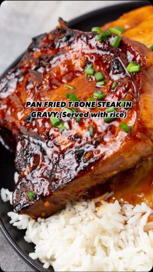 Yasmin Said Instagram - PAN FRIED T-BONE STEAK IN GRAVY SERVED WITH RICE 

INGREDIENTS;
1.T-bone steak
2.butter 
3.cooking oil
3.seasonings for the marinade 
4.Rice 

METHOD;
*Drizzle  some oil into the pan and leave for a moment, add some butter then T-bone steak.

*Add garlic and robust herbs, (if you want)

*Sear evenly on each side for our recommended time, turning every minute for the best caramelised crust.

#food #foodphotography #steak #steaklover #steakdinner